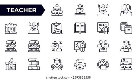 Teacher line icon set, teaching and education. Knowledge, teach, book, school and university. Outline icon collection. Conceptual pictogram and infographic.