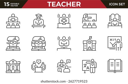 Teacher line icon set, teaching and education. Knowledge, teach, book, school and university. Outline icon collection. Conceptual pictogram and infographic.