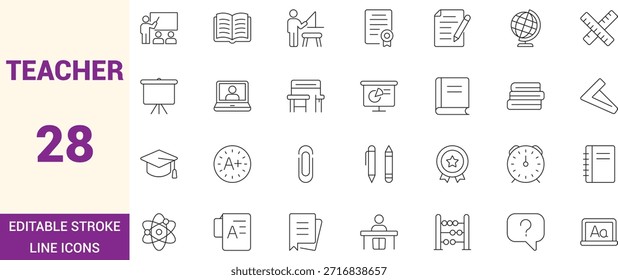 Conjunto de iconos de línea de profesor con trazo editable, símbolos de contorno limpio para la educación, el aula, el aprendizaje, las herramientas escolares, la enseñanza en línea, cursos, UI UX, Web y diseño de App.