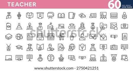 Teacher linear icon collection. Study, online learning, quiz, sir, head, student, calculator, compass, book vector thin line icon pack. Editable stroke
