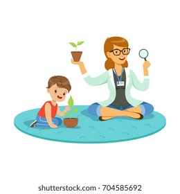 Teacher and little boy learning about plants during botany lesson, preschool educational activities cartoon vector Illustration