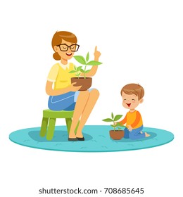 Teacher and little boy learning about plants during of botany lesson in kindergarten cartoon vector Illustration