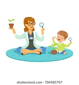 Teacher and little boy sitting on the floor and learning about plants during botany lesson, preschool educational activities cartoon vector Illustration