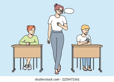 Teacher makes remark to schoolboy looking at cell phone in classroom. Teacher gives comment to pupil playing in smartphone at lesson at school. Vector outline colorful illustration isolated on blue.