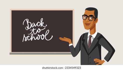 
Teacher Making Welcome Back to School Gesture Vector Cartoon. Happy professor welcoming students with written message
