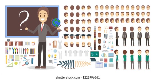 Teacher male character in uniform set or kit for animation with various views, hairstyle, emotion, pose and gesture. Different school and education equipment. Isolated flat vector illustration