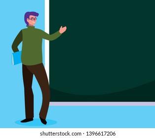 teacher male with documents and chalkboard vector illustration design