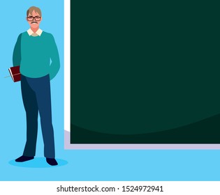 teacher male with documents and chalkboard vector illustration design