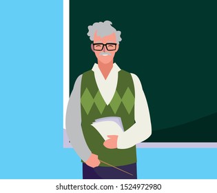 teacher male with documents and chalkboard vector illustration design