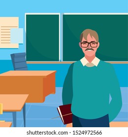 teacher male with documents in the classroom vector illustration design
