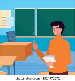 teacher male with documents in the classroom vector illustration design