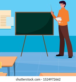 teacher male with documents in the classroom vector illustration design