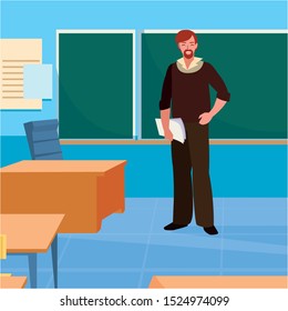 teacher male with documents in the classroom vector illustration design
