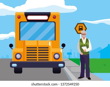 teacher male with documents in stop bus
