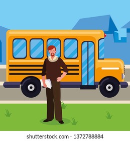 teacher male with documents in stop bus