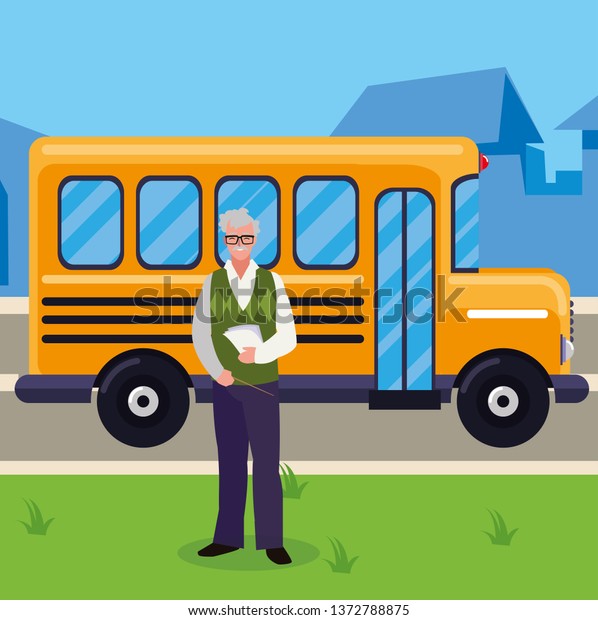 teacher male with\
documents in stop bus