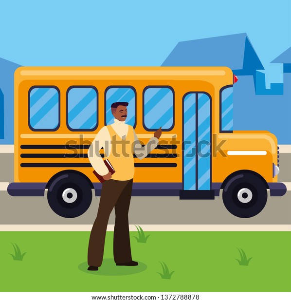 teacher male with\
documents in stop bus