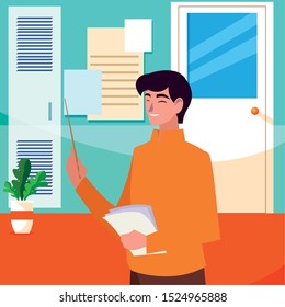 teacher male in the school corridor vector illustration design