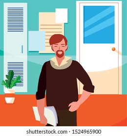 teacher male in the school corridor vector illustration design