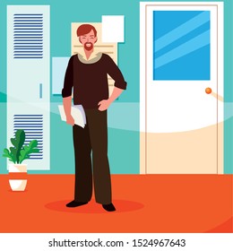 teacher male in the school corridor vector illustration design