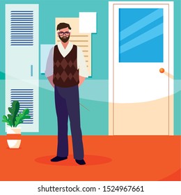 teacher male in the school corridor vector illustration design