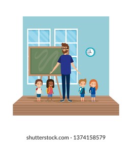 teacher male with school kids in classroom