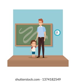 teacher male with schoolboy in classroom