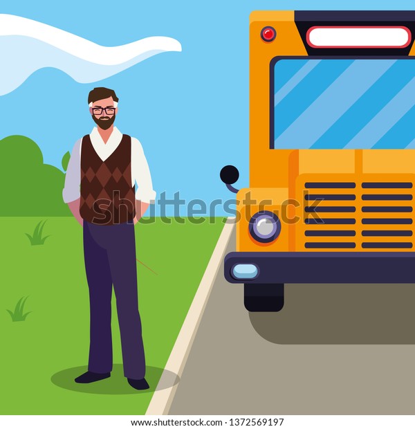 teacher male in stop\
bus
