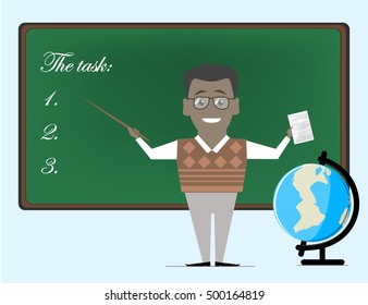 Teacher man African American points to the school board. Professions. Vector flat