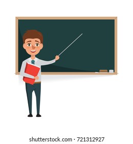 Teacher man with blackboard. cartoon vector background.
