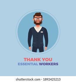 Teacher Man Blue Thanks Essential Workers Logo - Vector