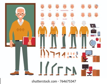 Teacher man character constructor and objects for animation.  Set of various men's poses, faces, mouth, hands, legs. Flat style vector illustration isolated on white background.