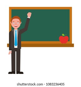 teacher man with class chalkboard apple