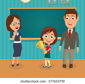 Teacher, man and girl holding a cup. Interior of classroom. Vector flat color illustration