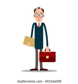 Teacher man in glasses with a briefcase and a folder of documents in his hands. Illustration in flat style. Isolated