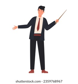 Teacher man pointing with stick. Teaching new lesson material vector illustration