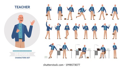 Teacher man poses vector illustration set. Cartoon smiling male school teacher character posing work pupils students, teaching postures lecture lesson collection isolated