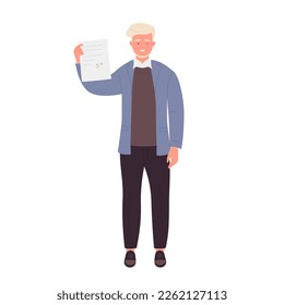 Teacher man shows exam results. Student report, school professor vector illustration