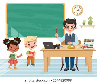 Teacher man sitting at the school table in the classroom with children on white background. Teachers' Day, Education concept. Poster, Banner, Flyer, Template. Vector illustration in flat cartoon style