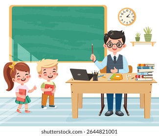 Teacher man sitting at the school table in the classroom with children on white background. Teachers' Day, Education concept. Poster, Banner, Flyer, Template. Vector illustration in flat cartoon style