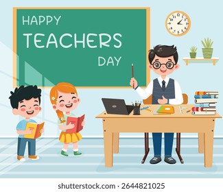 Teacher man sitting at the school table in the classroom with children on blue background. Teachers' Day, Education concept. Poster, Banner, Flyer, Template. Vector illustration in flat cartoon style