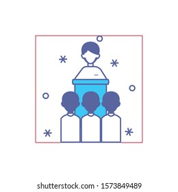 teacher man at speech podium with students. fill style vector illustration design
