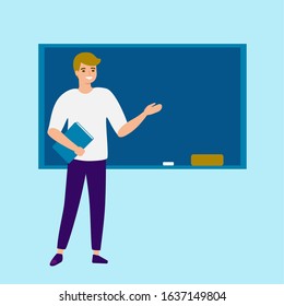 Teacher man standing in front of blackboard. Teaching, learning, education. School teacher, lecturer of children and students in classroom. Vector illustration