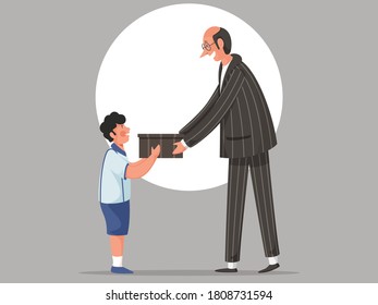 Teacher Man and Student Boy Holding a Gift Box on Grey Background.