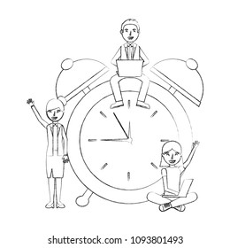 teacher man woman and student girl laptop alarm clock