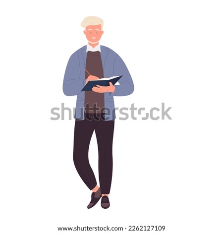 Teacher man writing in notebook. Teaching school professor vector illustration