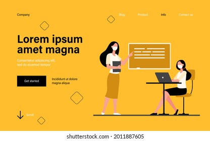 Teacher in mask explaining lesson to student. Laptop, distance, lecturer flat vector illustration. Pandemic and education concept for banner, website design or landing web page