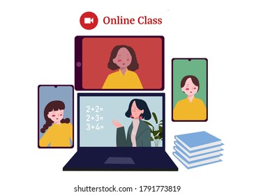 Teacher math lesson video conference on laptop smartphone with student online class concept flat cartoon style vector design