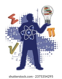 Lehrer für Mathematik und Physik.
Mathematik- und Physiklehrer stilisierte Silhouette mit Mathematik- und Physiksymbolen und Glühbirne mit Büchern. Vektorgrafik verfügbar.