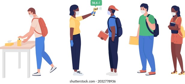 El profesor mide la temperatura del carácter vector de color semiplano. Cifras de académicos. Gente de cuerpo entero en blanco. Aislados estudiantes ilustraciones de estilo de dibujos animados modernos para el diseño gráfico y la animación